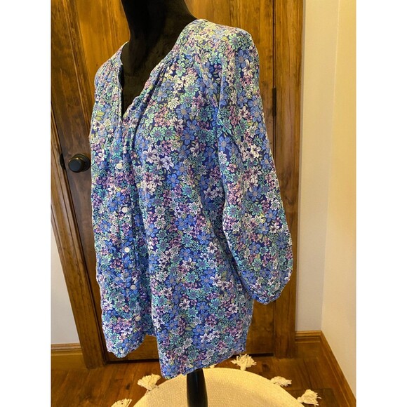St John’s Bay Top Blue Floral Blouse XL Boho Peasant V Neck Flowy Casual Comfy - Picture 5 of 10
